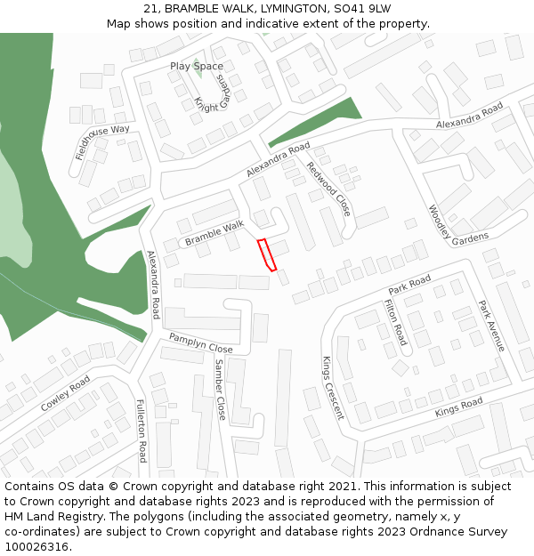 21, BRAMBLE WALK, LYMINGTON, SO41 9LW: Location map and indicative extent of plot