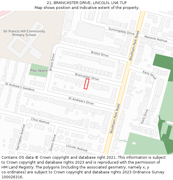 21, BRANCASTER DRIVE, LINCOLN, LN6 7UF: Location map and indicative extent of plot