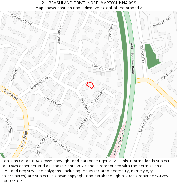 21, BRASHLAND DRIVE, NORTHAMPTON, NN4 0SS: Location map and indicative extent of plot