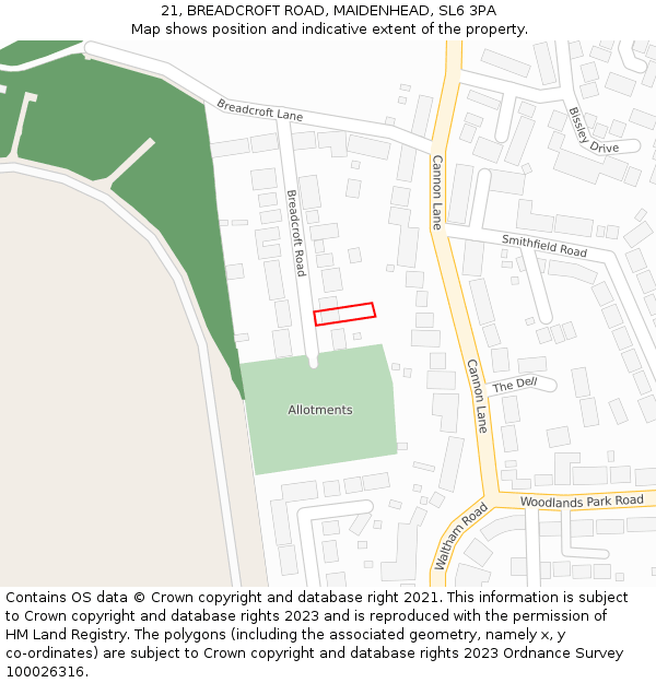 21, BREADCROFT ROAD, MAIDENHEAD, SL6 3PA: Location map and indicative extent of plot