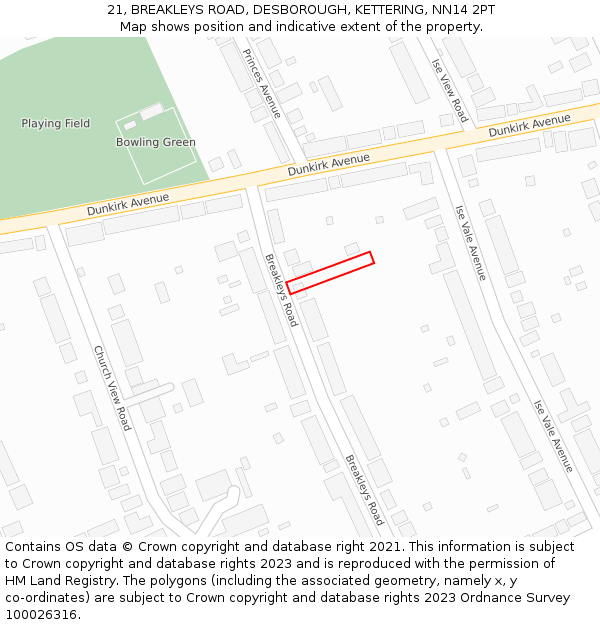 21, BREAKLEYS ROAD, DESBOROUGH, KETTERING, NN14 2PT: Location map and indicative extent of plot