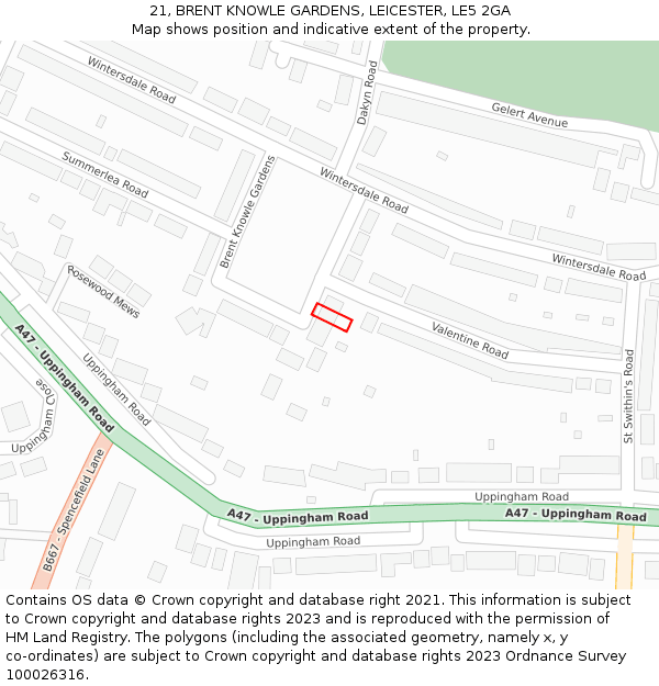 21, BRENT KNOWLE GARDENS, LEICESTER, LE5 2GA: Location map and indicative extent of plot