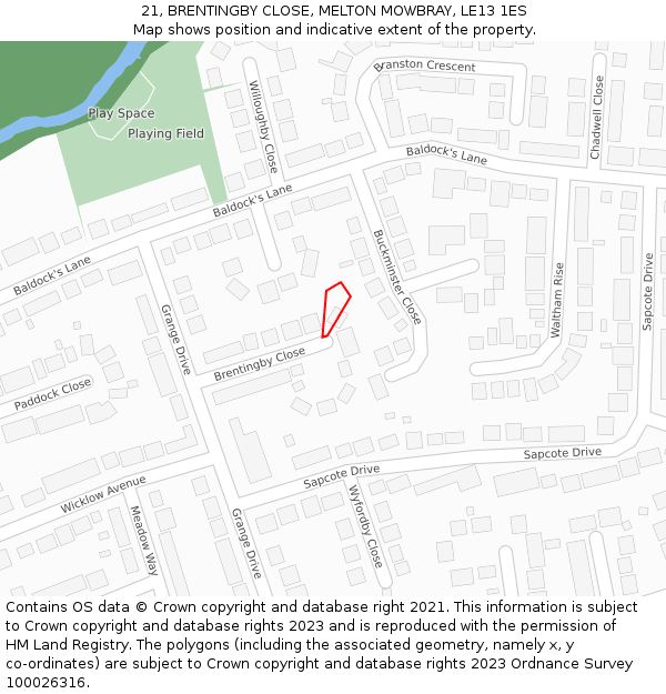 21, BRENTINGBY CLOSE, MELTON MOWBRAY, LE13 1ES: Location map and indicative extent of plot