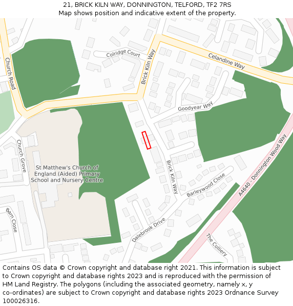 21, BRICK KILN WAY, DONNINGTON, TELFORD, TF2 7RS: Location map and indicative extent of plot