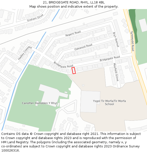 21, BRIDGEGATE ROAD, RHYL, LL18 4BL: Location map and indicative extent of plot