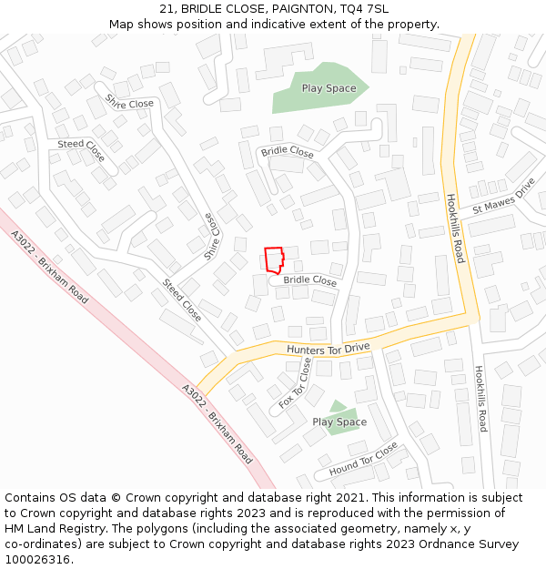 21, BRIDLE CLOSE, PAIGNTON, TQ4 7SL: Location map and indicative extent of plot