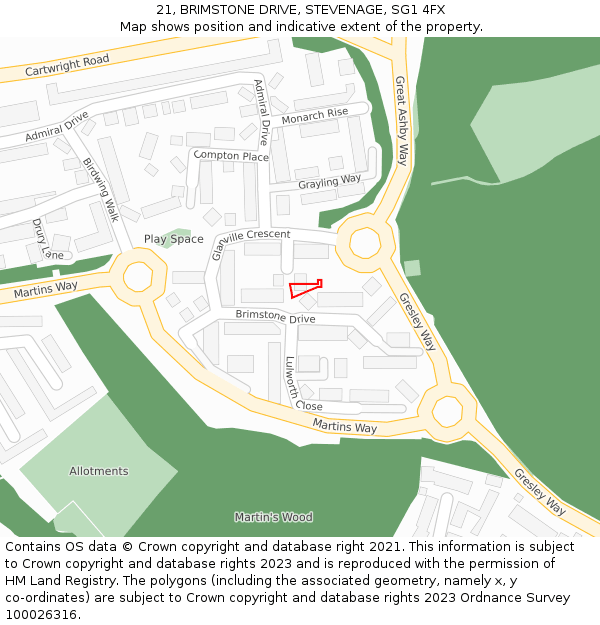 21, BRIMSTONE DRIVE, STEVENAGE, SG1 4FX: Location map and indicative extent of plot