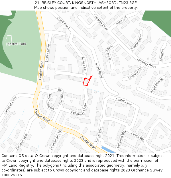 21, BRISLEY COURT, KINGSNORTH, ASHFORD, TN23 3GE: Location map and indicative extent of plot