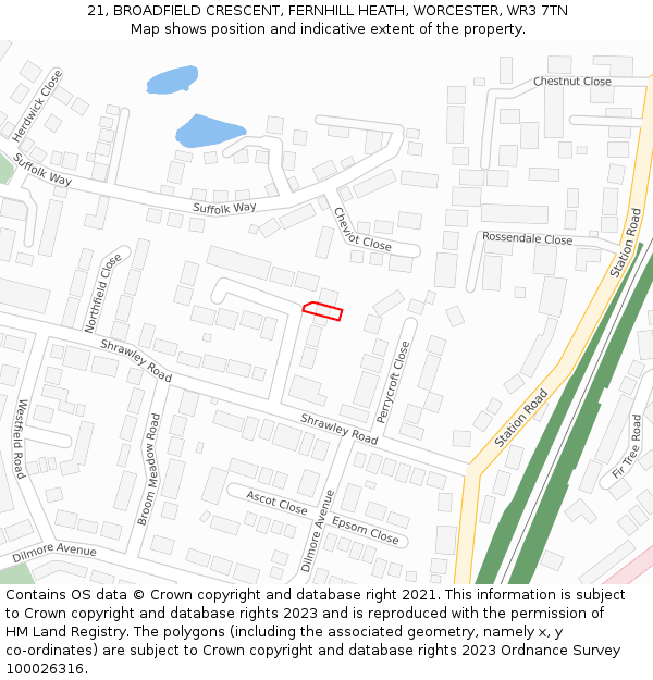 21, BROADFIELD CRESCENT, FERNHILL HEATH, WORCESTER, WR3 7TN: Location map and indicative extent of plot