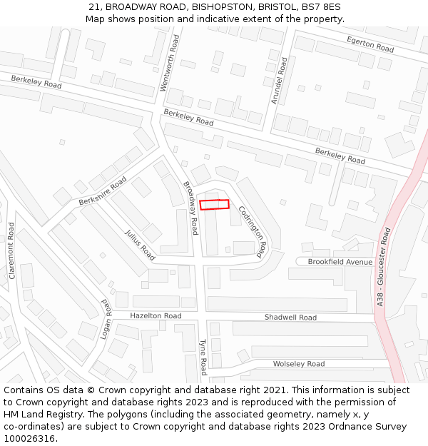 21, BROADWAY ROAD, BISHOPSTON, BRISTOL, BS7 8ES: Location map and indicative extent of plot