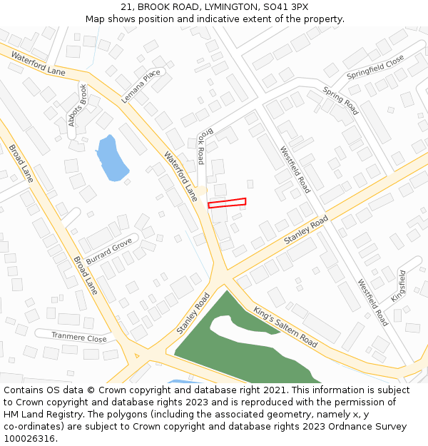 21, BROOK ROAD, LYMINGTON, SO41 3PX: Location map and indicative extent of plot