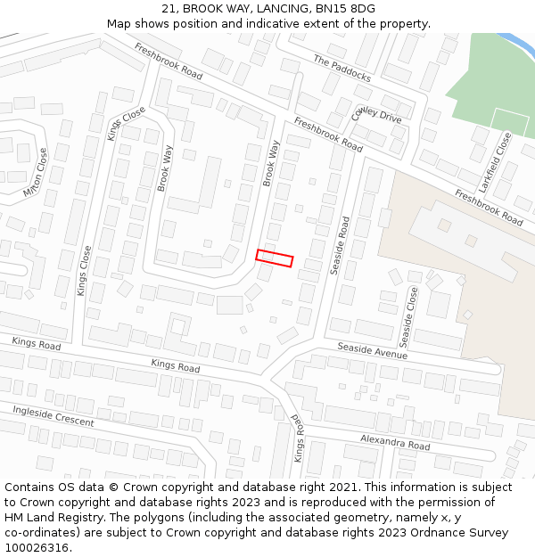 21, BROOK WAY, LANCING, BN15 8DG: Location map and indicative extent of plot