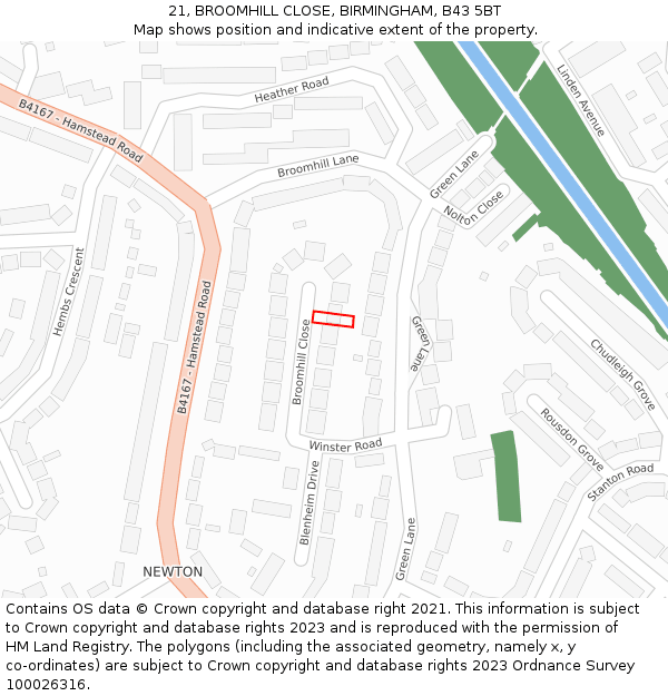 21, BROOMHILL CLOSE, BIRMINGHAM, B43 5BT: Location map and indicative extent of plot