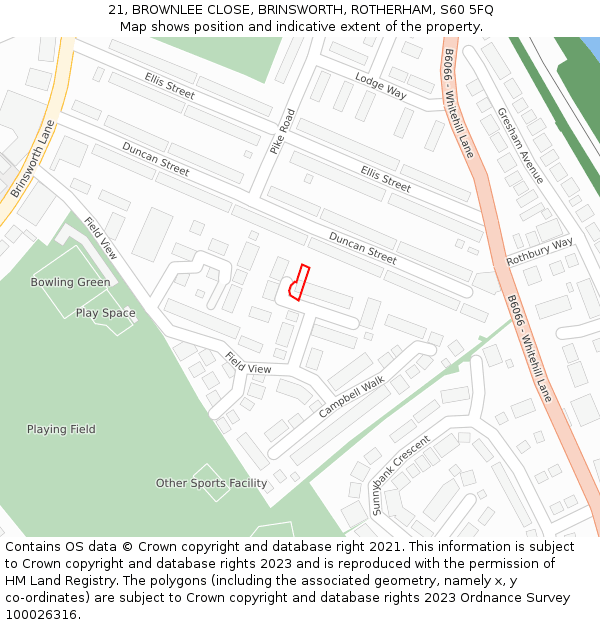 21, BROWNLEE CLOSE, BRINSWORTH, ROTHERHAM, S60 5FQ: Location map and indicative extent of plot