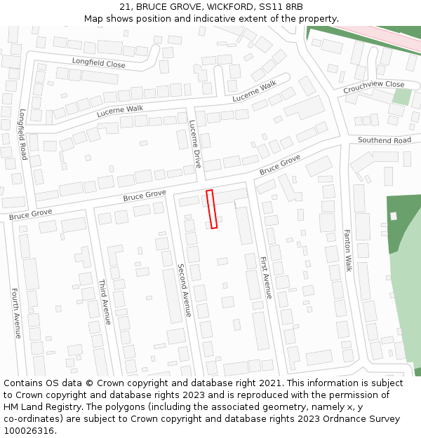 21, BRUCE GROVE, WICKFORD, SS11 8RB: Location map and indicative extent of plot