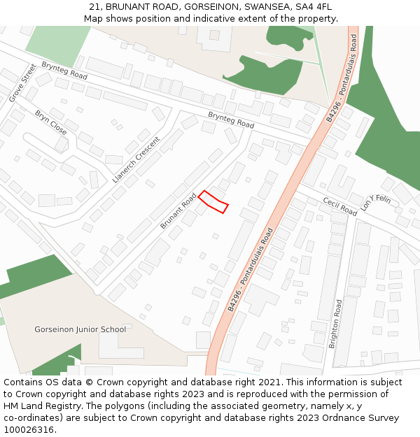 21, BRUNANT ROAD, GORSEINON, SWANSEA, SA4 4FL: Location map and indicative extent of plot