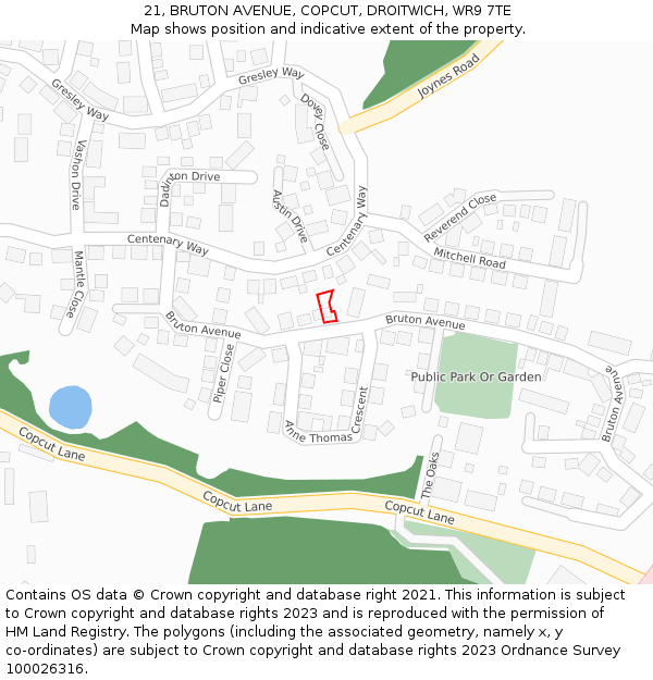 21, BRUTON AVENUE, COPCUT, DROITWICH, WR9 7TE: Location map and indicative extent of plot