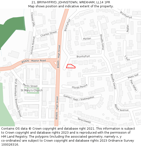 21, BRYNHYFRYD, JOHNSTOWN, WREXHAM, LL14 1PR: Location map and indicative extent of plot