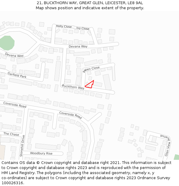 21, BUCKTHORN WAY, GREAT GLEN, LEICESTER, LE8 9AL: Location map and indicative extent of plot