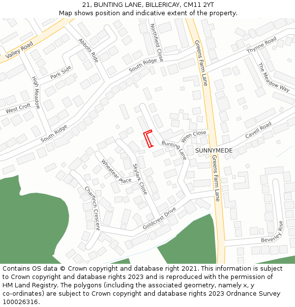 21, BUNTING LANE, BILLERICAY, CM11 2YT: Location map and indicative extent of plot