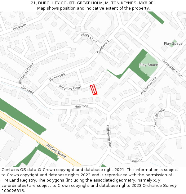 21, BURGHLEY COURT, GREAT HOLM, MILTON KEYNES, MK8 9EL: Location map and indicative extent of plot