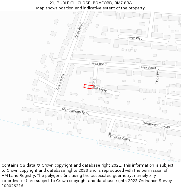 21, BURLEIGH CLOSE, ROMFORD, RM7 8BA: Location map and indicative extent of plot