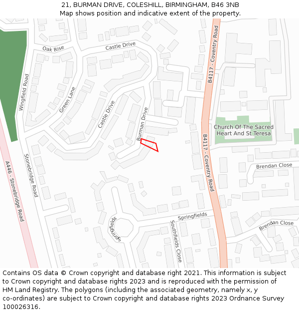 21, BURMAN DRIVE, COLESHILL, BIRMINGHAM, B46 3NB: Location map and indicative extent of plot