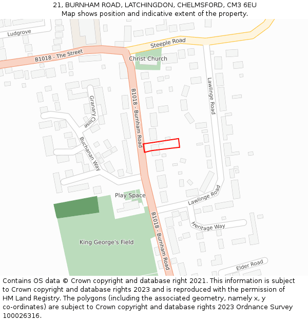 21, BURNHAM ROAD, LATCHINGDON, CHELMSFORD, CM3 6EU: Location map and indicative extent of plot