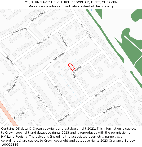 21, BURNS AVENUE, CHURCH CROOKHAM, FLEET, GU52 6BN: Location map and indicative extent of plot