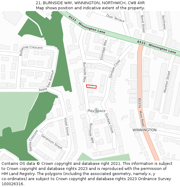 21, BURNSIDE WAY, WINNINGTON, NORTHWICH, CW8 4XR: Location map and indicative extent of plot
