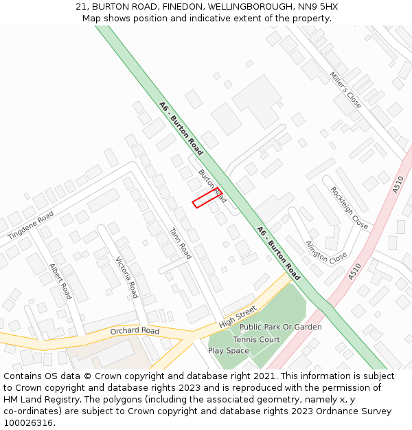 21, BURTON ROAD, FINEDON, WELLINGBOROUGH, NN9 5HX: Location map and indicative extent of plot