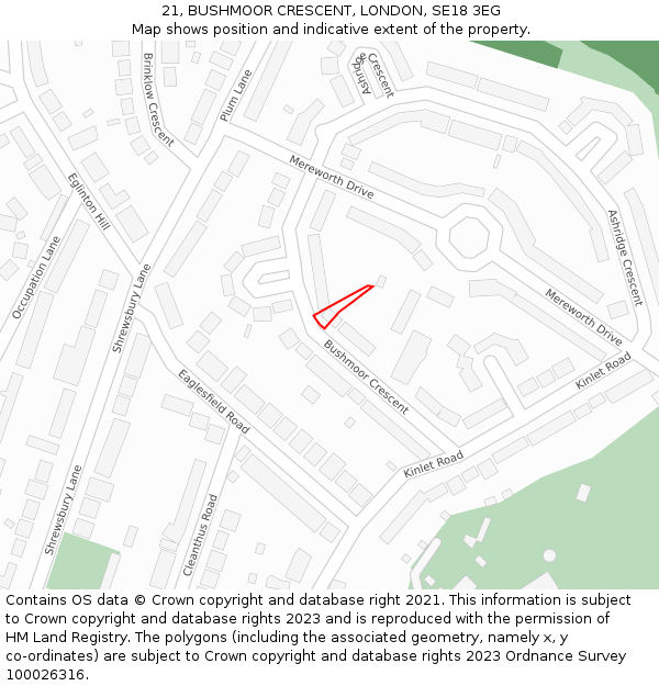 21, BUSHMOOR CRESCENT, LONDON, SE18 3EG: Location map and indicative extent of plot