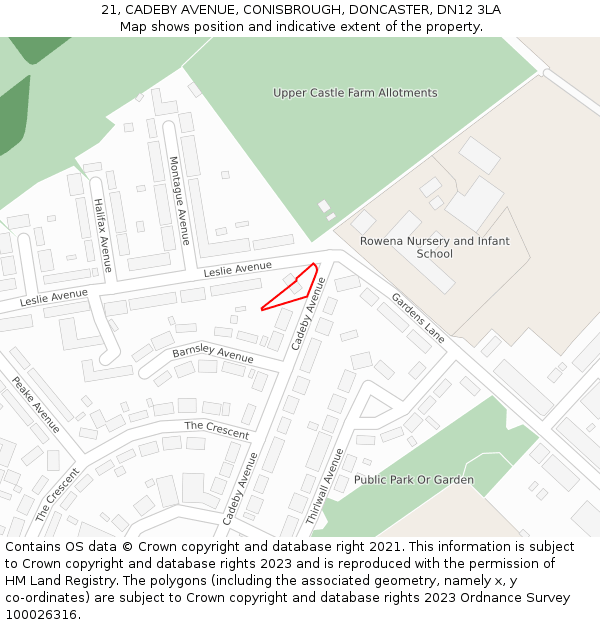 21, CADEBY AVENUE, CONISBROUGH, DONCASTER, DN12 3LA: Location map and indicative extent of plot