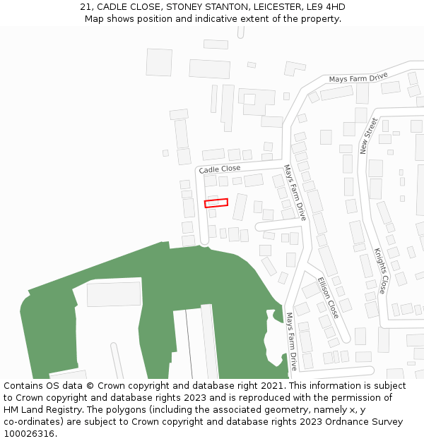 21, CADLE CLOSE, STONEY STANTON, LEICESTER, LE9 4HD: Location map and indicative extent of plot