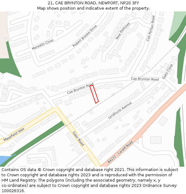 21, CAE BRYNTON ROAD, NEWPORT, NP20 3FY: Location map and indicative extent of plot