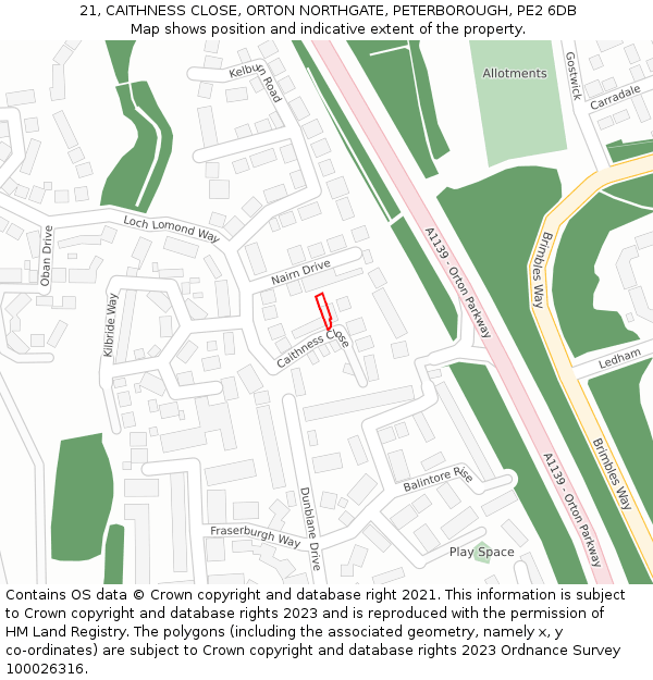 21, CAITHNESS CLOSE, ORTON NORTHGATE, PETERBOROUGH, PE2 6DB: Location map and indicative extent of plot