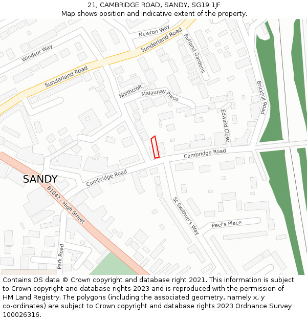 21, CAMBRIDGE ROAD, SANDY, SG19 1JF: Location map and indicative extent of plot