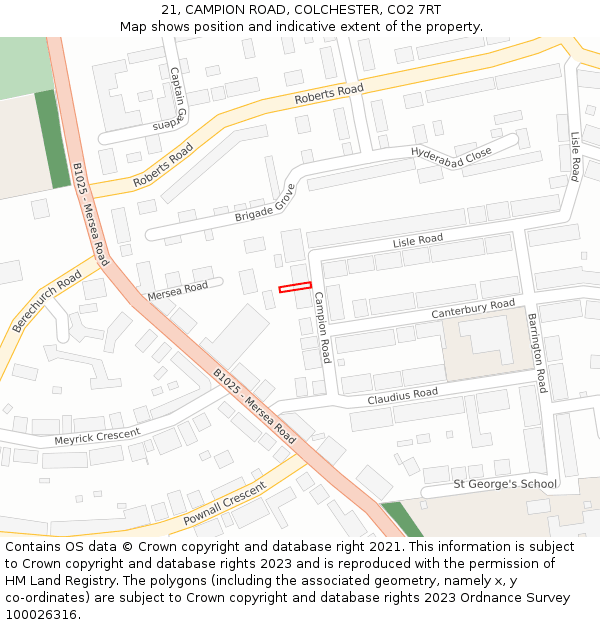 21, CAMPION ROAD, COLCHESTER, CO2 7RT: Location map and indicative extent of plot