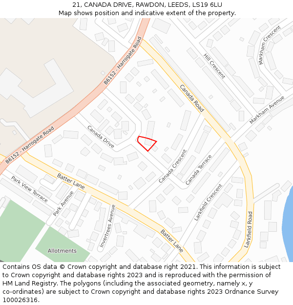 21, CANADA DRIVE, RAWDON, LEEDS, LS19 6LU: Location map and indicative extent of plot