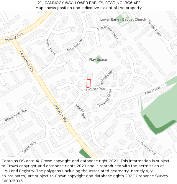 21, CANNOCK WAY, LOWER EARLEY, READING, RG6 4EF: Location map and indicative extent of plot