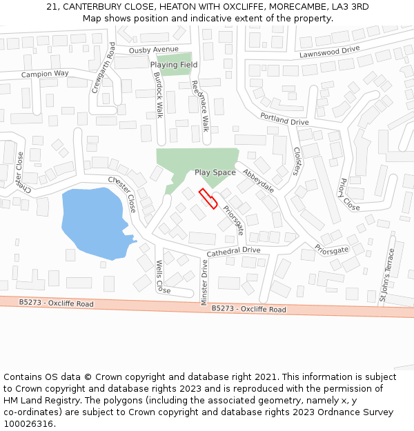 21, CANTERBURY CLOSE, HEATON WITH OXCLIFFE, MORECAMBE, LA3 3RD: Location map and indicative extent of plot