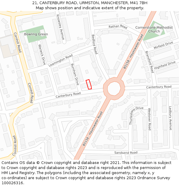 21, CANTERBURY ROAD, URMSTON, MANCHESTER, M41 7BH: Location map and indicative extent of plot