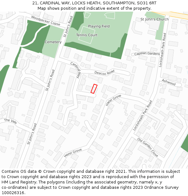 21, CARDINAL WAY, LOCKS HEATH, SOUTHAMPTON, SO31 6RT: Location map and indicative extent of plot