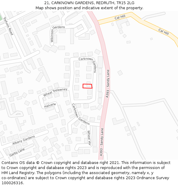 21, CARKNOWN GARDENS, REDRUTH, TR15 2LG: Location map and indicative extent of plot