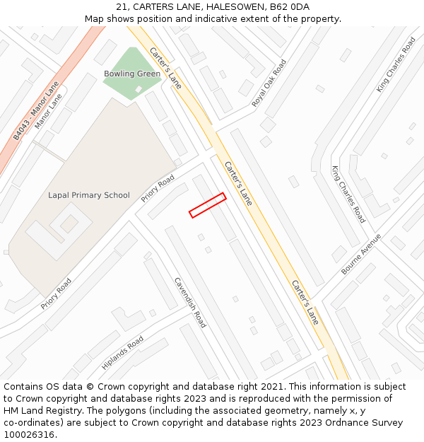 21, CARTERS LANE, HALESOWEN, B62 0DA: Location map and indicative extent of plot