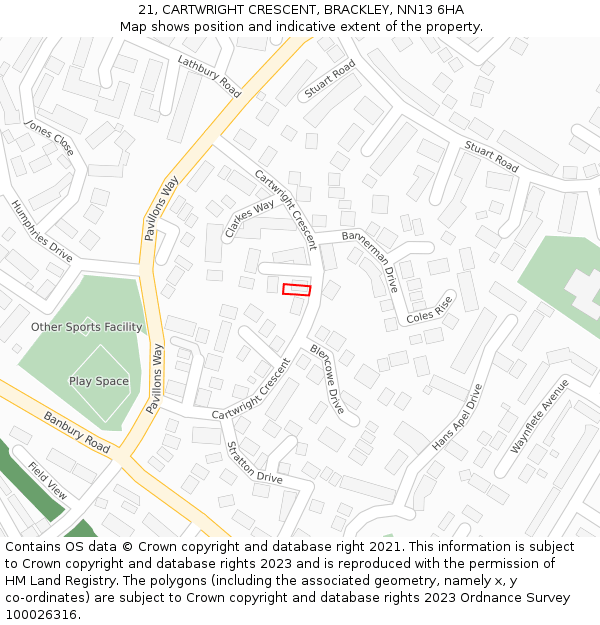 21, CARTWRIGHT CRESCENT, BRACKLEY, NN13 6HA: Location map and indicative extent of plot