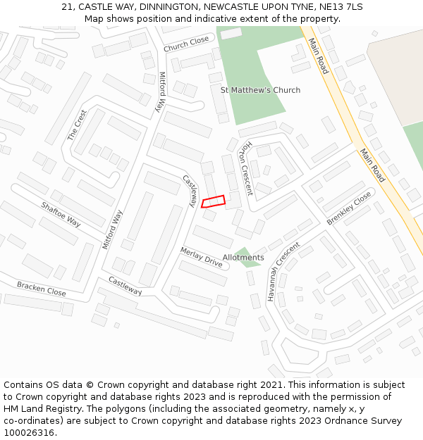 21, CASTLE WAY, DINNINGTON, NEWCASTLE UPON TYNE, NE13 7LS: Location map and indicative extent of plot