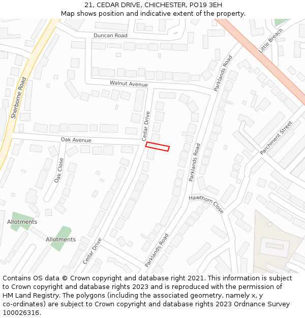 21, CEDAR DRIVE, CHICHESTER, PO19 3EH: Location map and indicative extent of plot