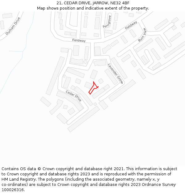21, CEDAR DRIVE, JARROW, NE32 4BF: Location map and indicative extent of plot