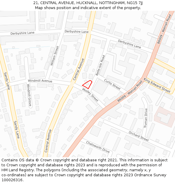 21, CENTRAL AVENUE, HUCKNALL, NOTTINGHAM, NG15 7JJ: Location map and indicative extent of plot